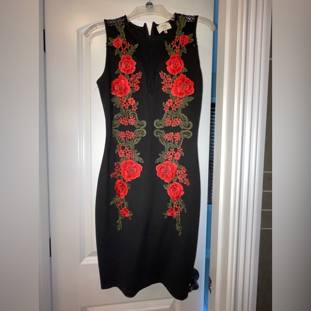 Elegant Black Dress with Red Floral Embroidery